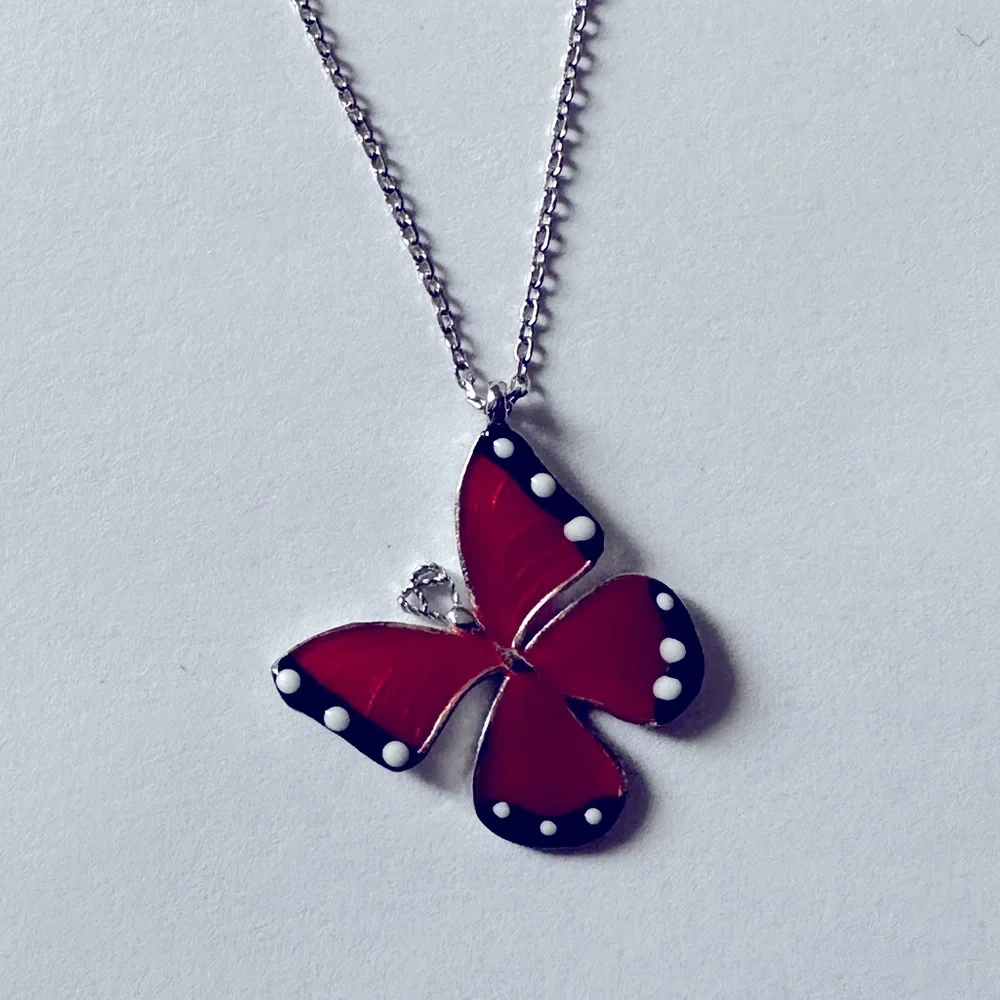 925 Silver red butterfly necklace enamel